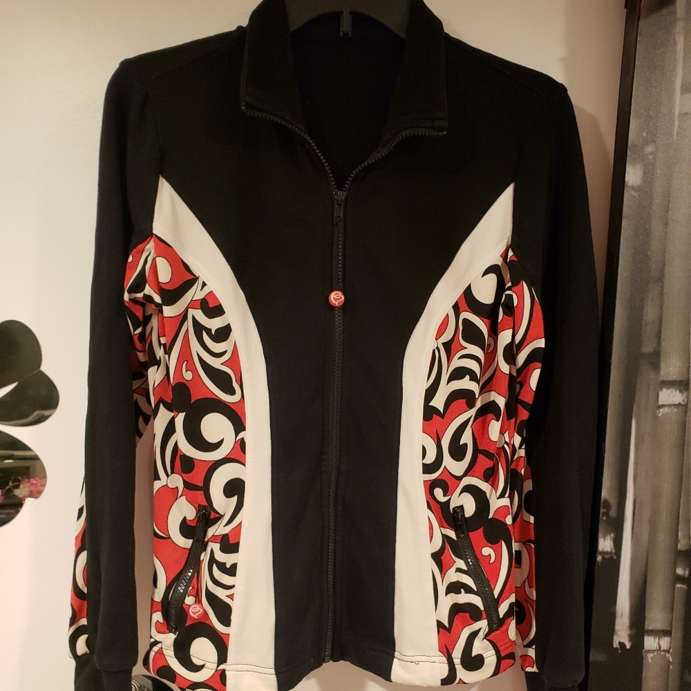 Zip up Jacket black with orange and pink panels.